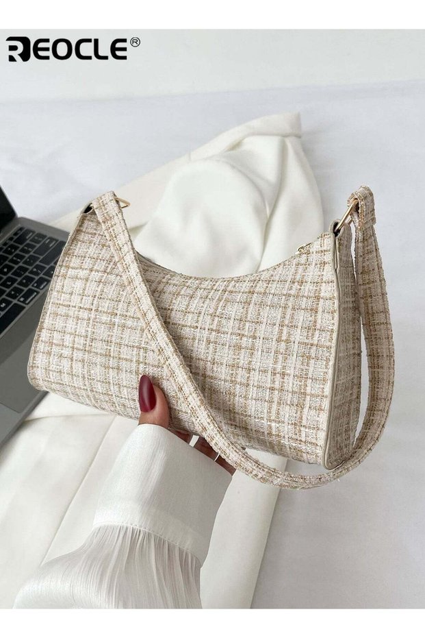 Women's Textured Tweed Fabric Baguette Shoulder Bag with Zipper Closure Elegant Casual Underarm Bag for Daily Commute Brunch Dates & Office Use