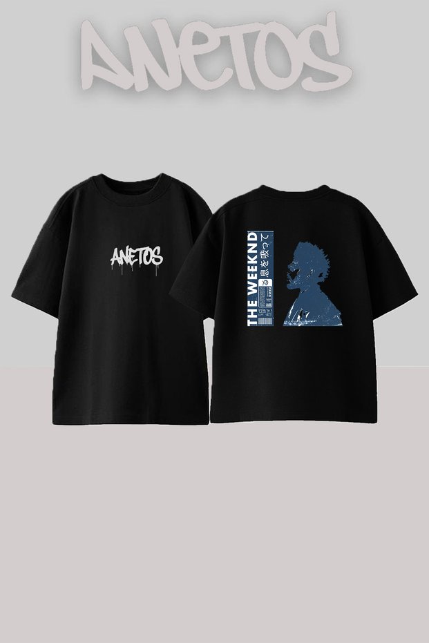 تي شيرت أسود كبير الحجم مطبوع بتصميم The Weeknd للجنسين