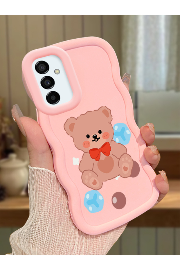Samsung Galaxy M23 Compatible Case Camera Protector Pink Silicone Couple Phone Case Bear Pattern