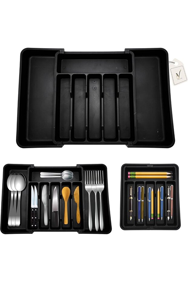 Expandable Silverware Drawer Organizer – Large Adjustable Black Utensil Tray | BPA-Free Cutlery & Flatware Storage for Kitchen Drawer – Multi-Purpose Kitchen Essentials