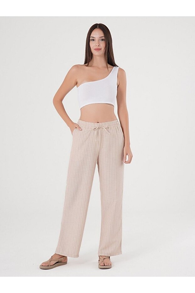 Beige Striped Adjustable Waist Linen Cotton Trousers