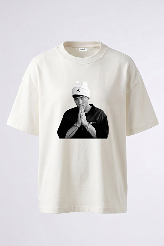 تي شيرت أبيض كبير الحجم مطبوع بتصميم Eminem_47 للجنسين