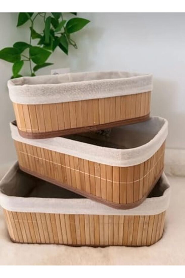 Sna Shop 3-Piece Multi-Purpose Bamboo Organizer Set, Multi-Size Kitchen Bathroom Home Baskets, Large, Medium, Small