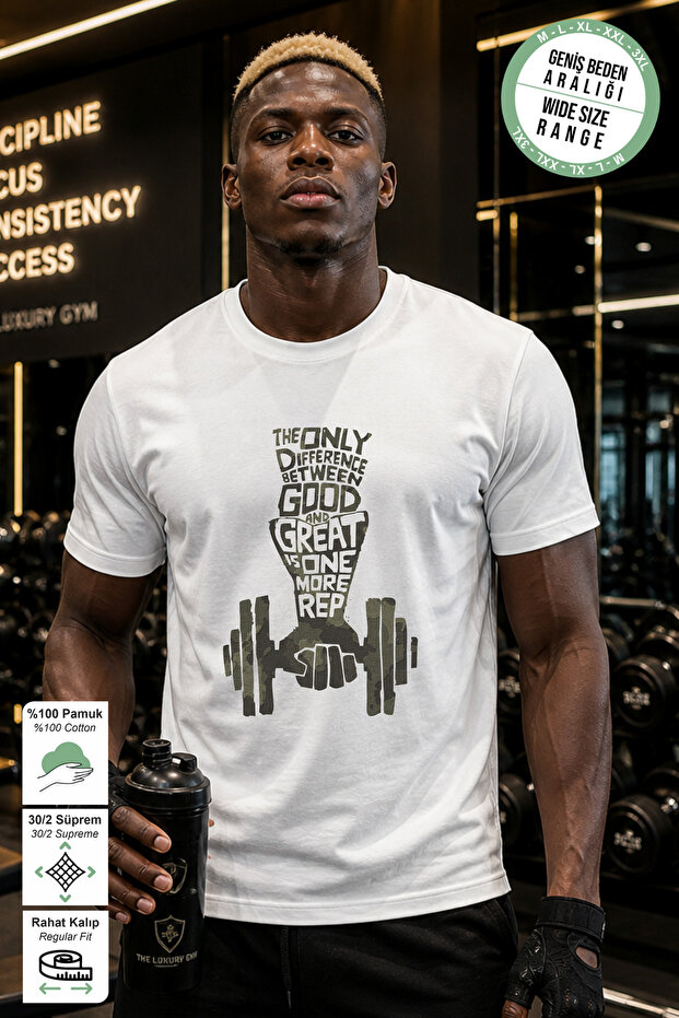 White Great One Printed Crew Neck Single Jersey Cotton Fabric Sportsman Men's T-Shirt