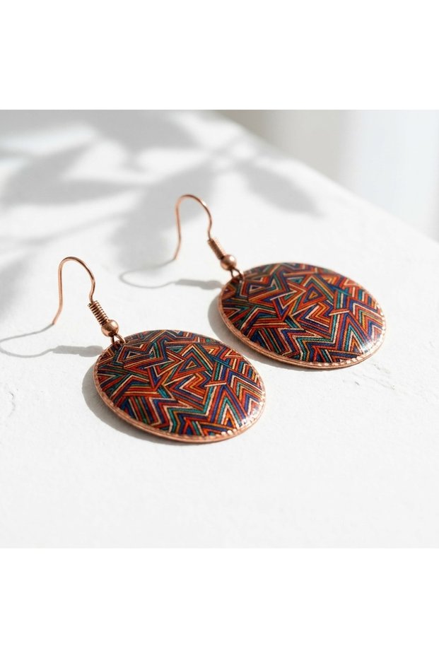 Copper Red Green Zigzag Patterned Dangle Earrings