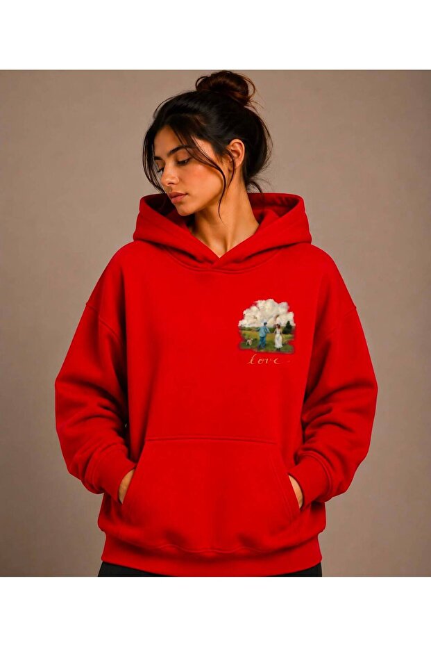Love Printed Hooded Green Sweatshirt with Kangaroo Pocket and Wool Inside