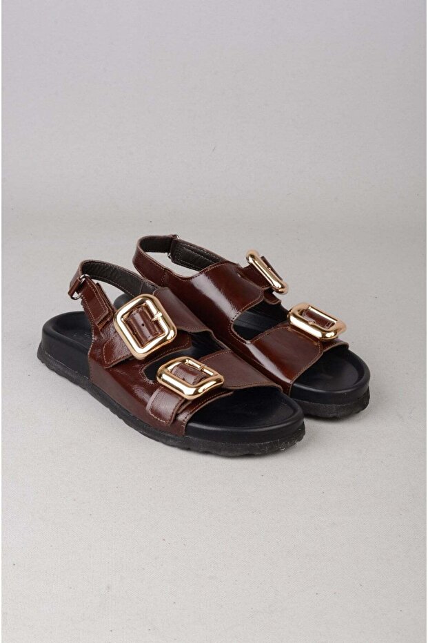 Seç 4136 Double Strap Genuine Leather Women's Sandals Dark Brown