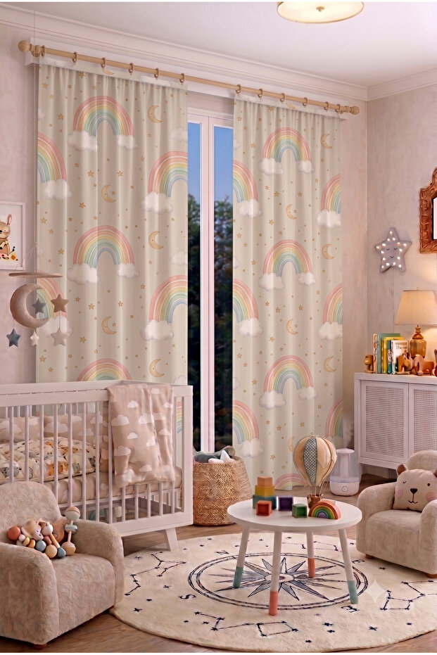 Baby Kids Room Background Curtain 100 X 250 cm 1 Wing Cute Patterned Decorative Digital Printed Premium Children's Room Curtain