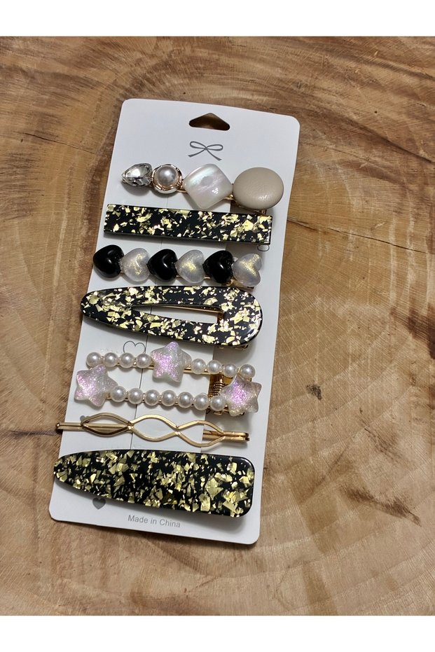 Women's black gold leaf side buckle set of 7 - pearl star and heart detailed snap buckle