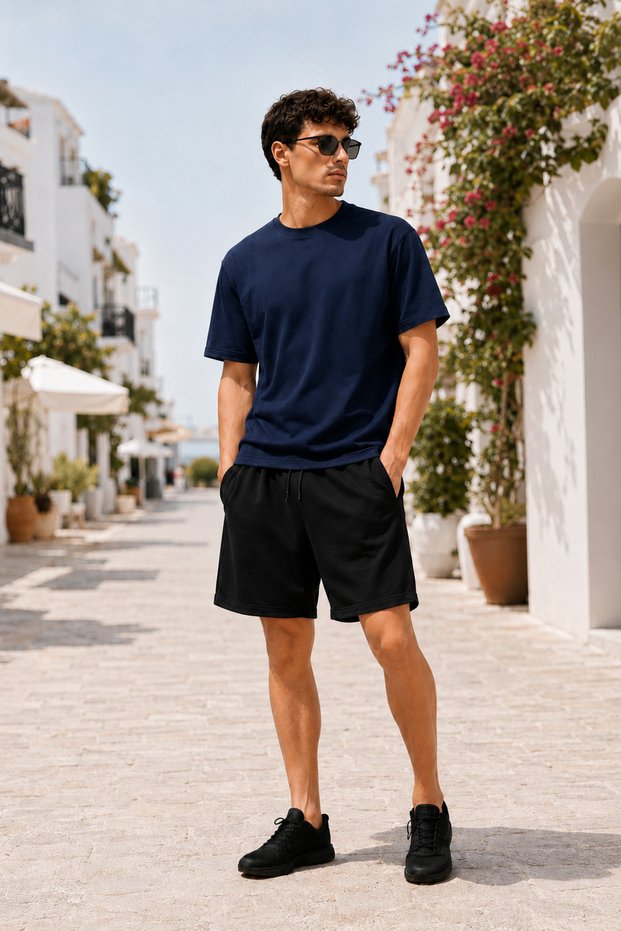 Men's Plain Shorts+Crew Neck T-Shirt Stylish Summer Comfortable Fit Casual Shorts+T-Shirt Two-Piece Set