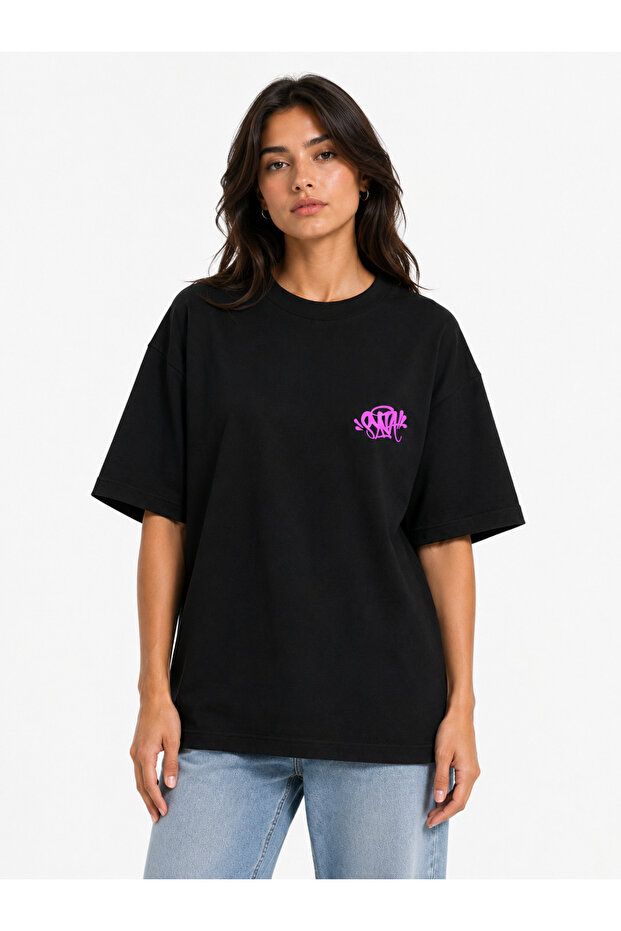 Unisex Women's Men's Synaworld Written Logo Front Printed Oversize Thick Fabric Relaxed Cut Cotton T-Shirt