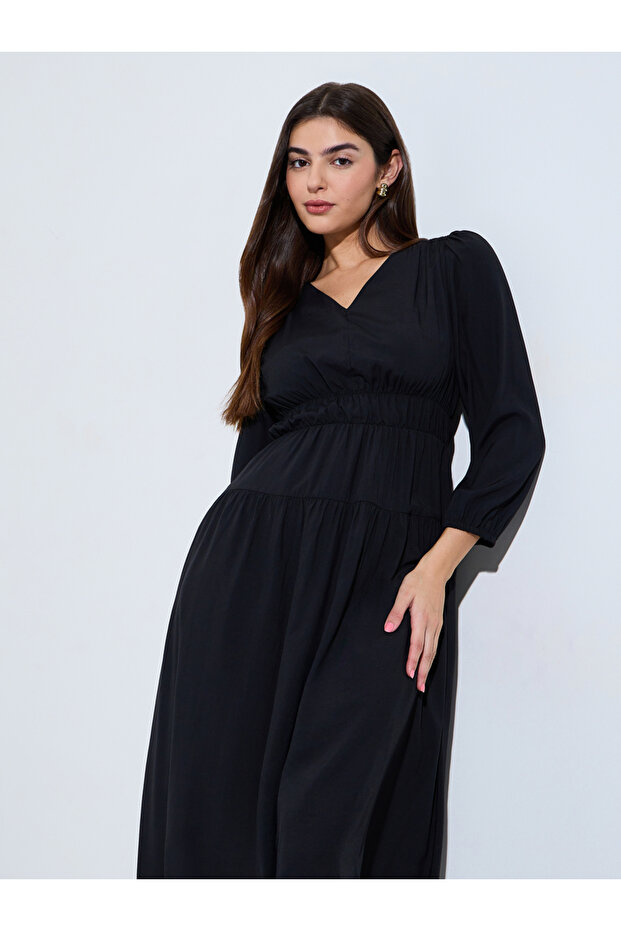 Black V Neck Casual Midi Dress