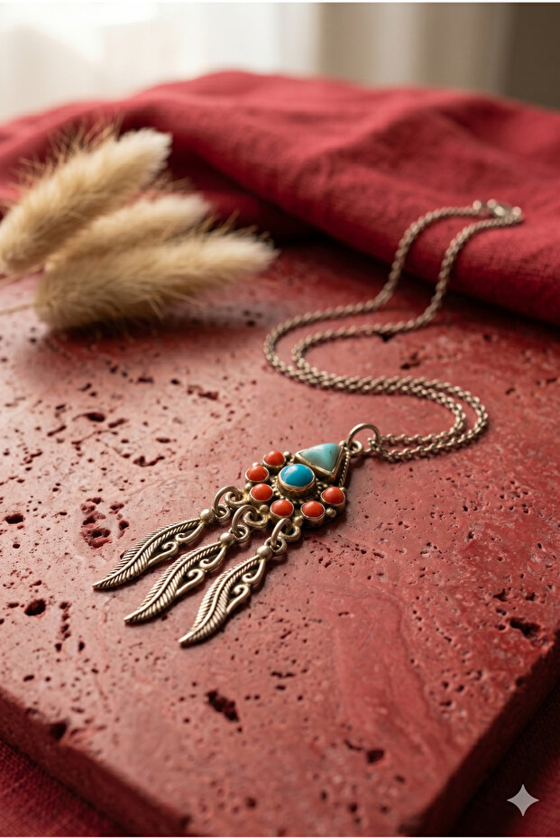 Handmade Cast Turquoise and Coral Natural Stone Special Design Pendant