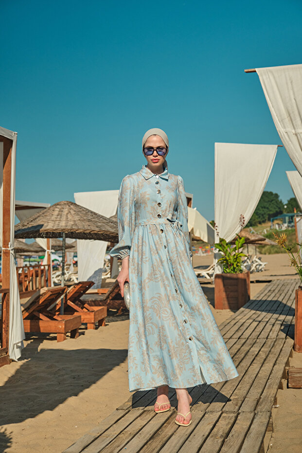 Women's Floral and Leaf Pattern Buttoned Waist Tie Linen Dress Light Blue