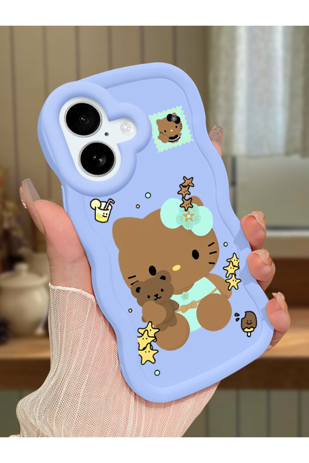 iPhone 16 Plus Compatible Case with Camera Protector Blue Silicone Couple Phone Case Kitty Pattern