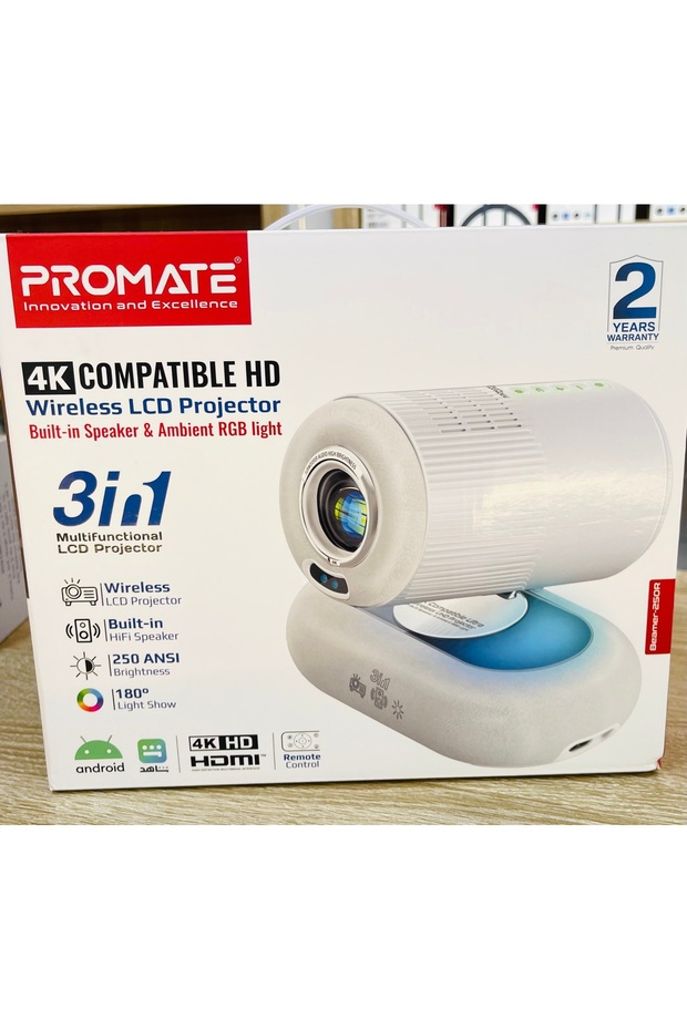 3-in-1 Wireless LCD Projector | 4K Compatible HD | Android | 250 ANSI | Built-in HiFi Speaker | 180° Rotatable | HDMI | Remote Control