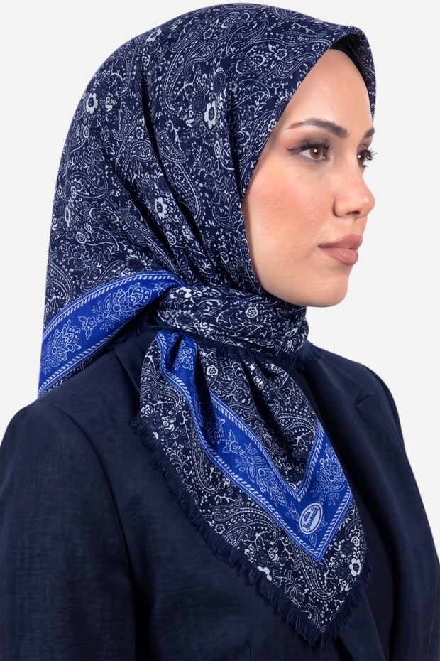 وشاح نسائي أصلي من قماش الديمي المزخرف باللون الأزرق الداكن