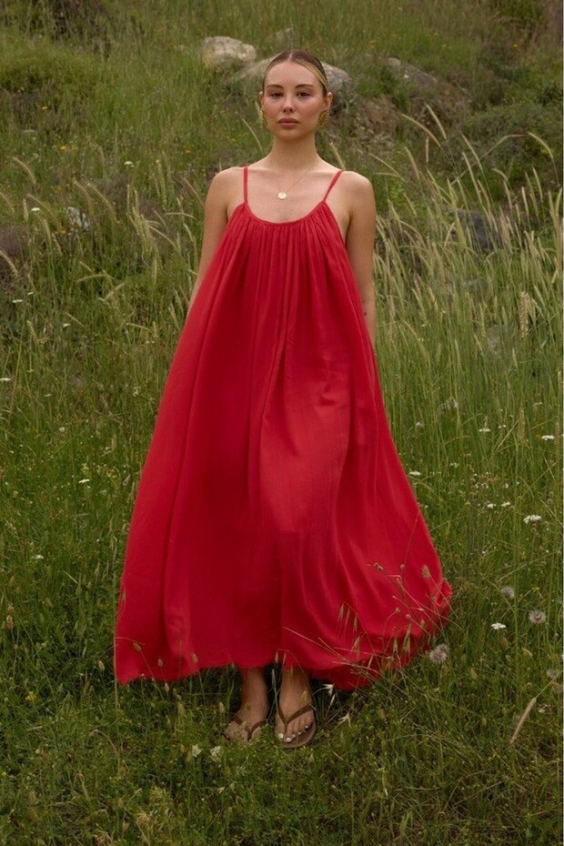 Red Dress with Ruched Collar and Lined Straps 3173
