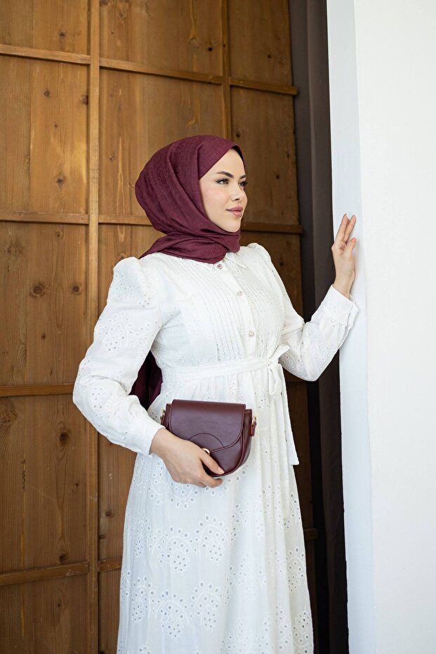 Ribbed Front, Scalloped Lined Belted Shirt Collar Embroidered Dress