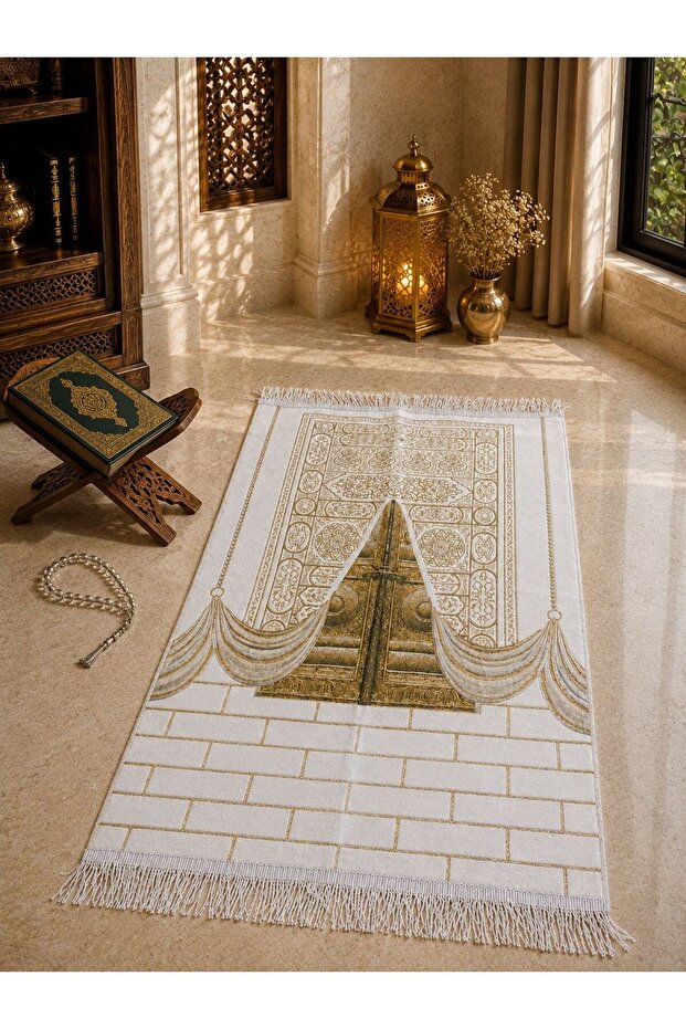 Kaaba Gate Patterned Micro Chenille Prayer Mat | Gold Leaf Detailed | Burma Tasseled | Luxurious Velvet Textured Prayer Mat | Premium Quality | Hajj Umrah Gift | Dowry Prayer Rug