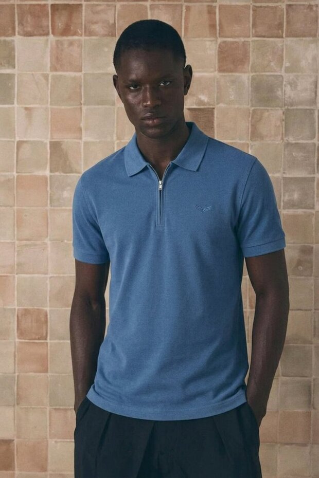 Men's Classic Zippered Blue Polo Collar T-Shirt