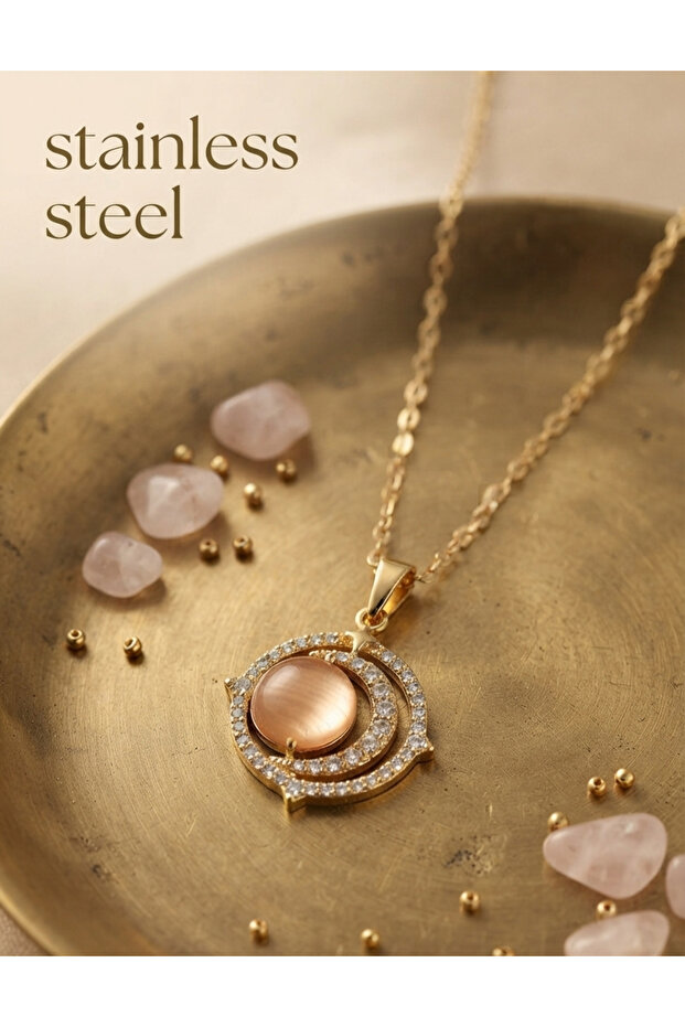 316L Steel Gold Color Zircon Stone Orange Pearlescent Crescent Model Necklace