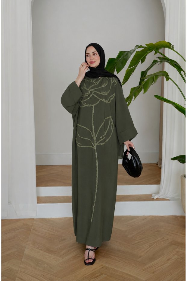 Women's Embroidered Bat Sleeve Linen Dress