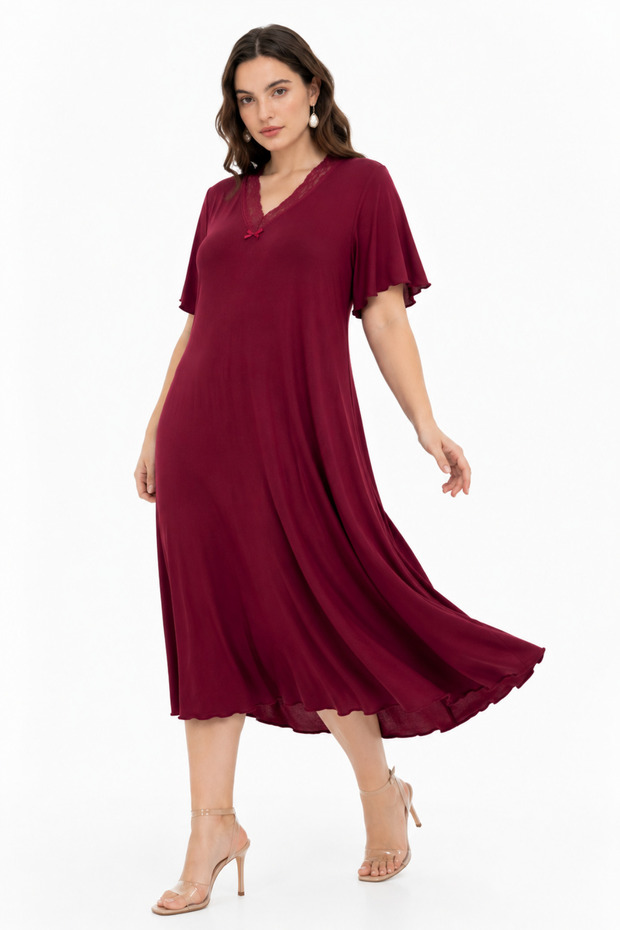 Bamboo Viscose Fabric V Lace Collar Detailed Flared Dress