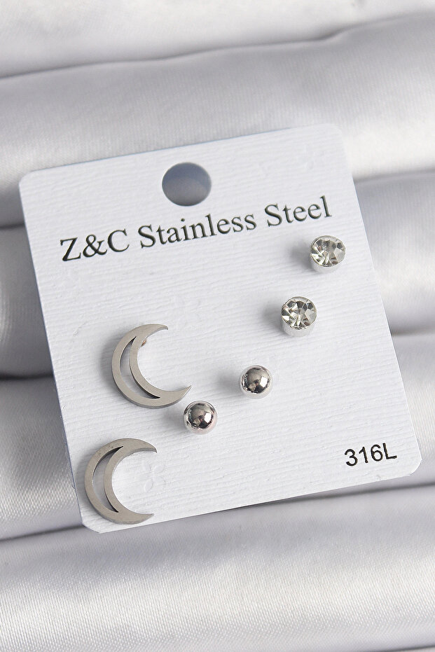 316L Steel Silver Color Zircon Stone Crescent Model Women's Earring Set
