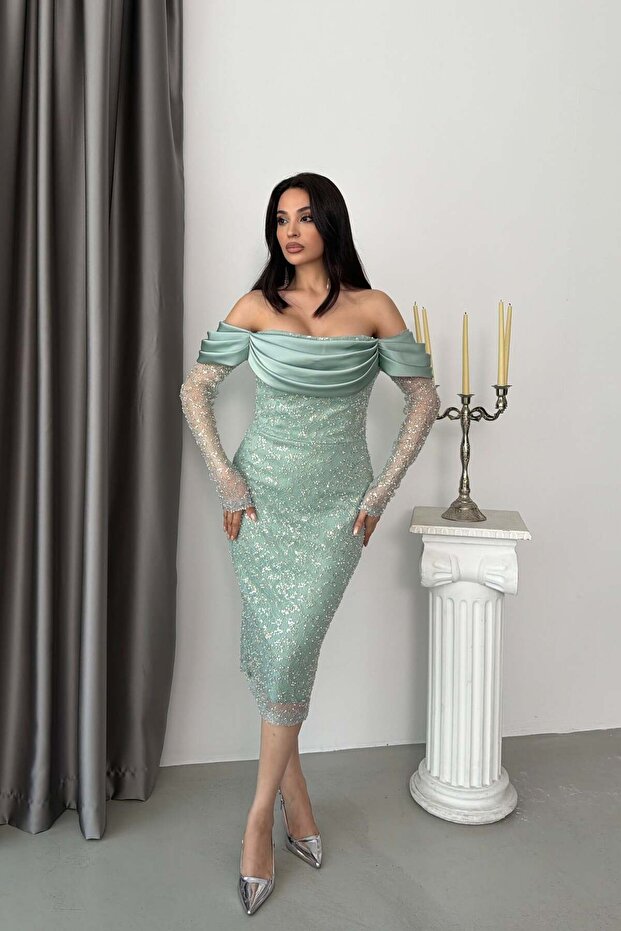 Mint Boat Neck Strap Sequined Midi Lace Evening Dress