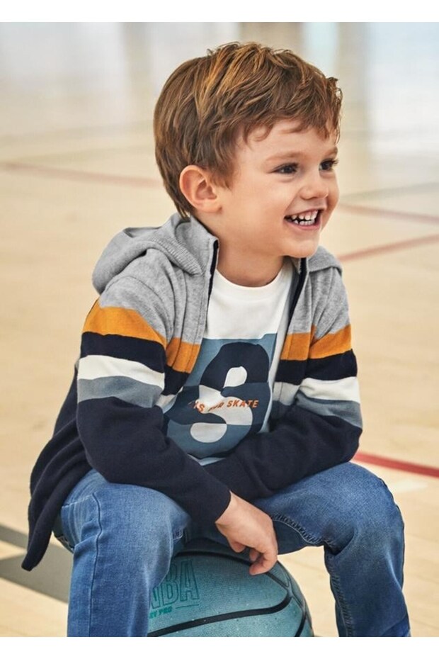 Boy's Striped Hooded Zippered Cardigan 2-10 Years Orange