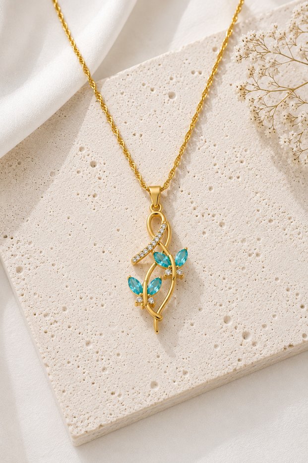 Gold Women's Necklace with Leaf Figured Turquoise Stone