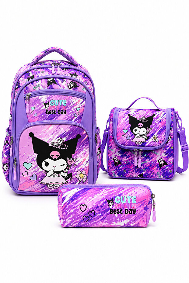 Kuromi Themed 3-Piece Primary School School Bag Set – Backpack + Lunch Box + Pen Holder