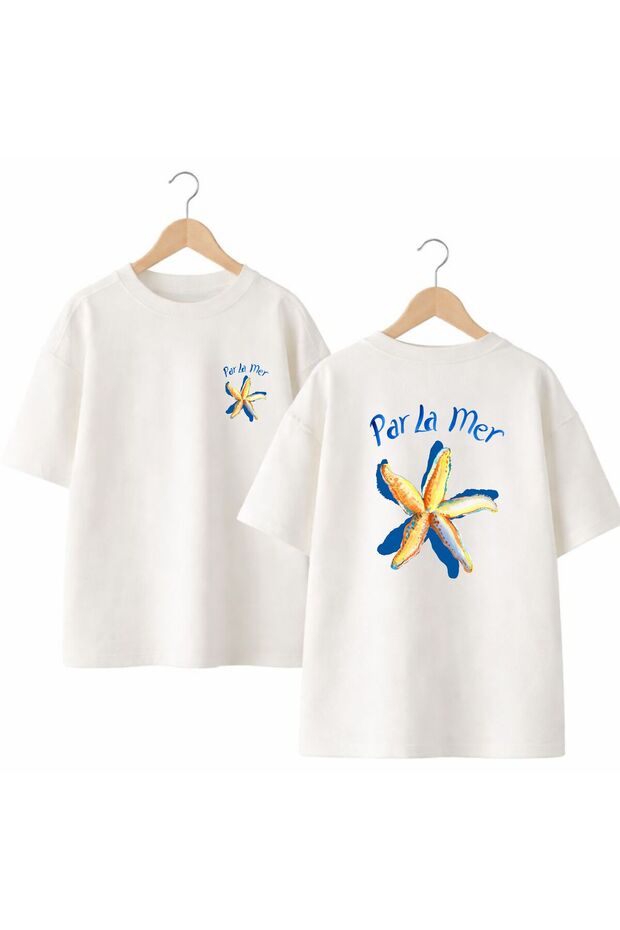 Par La Mer Back and Front Chest Printed 100% Cotton Oversize Loose Regular Fit Crew Neck T-Shirt
