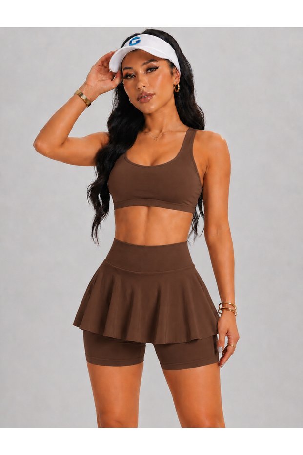 Women's High Waist Inner Leggings Mini Sport Skirt-Crop 2 Piece Set