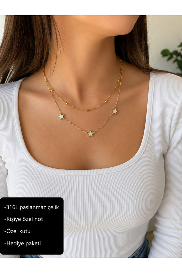Asteria Three Star Detailed 316L Stainless Steel Women's Necklace Gold Color Gift