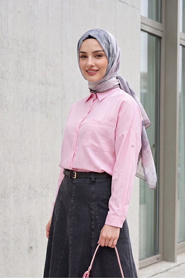 Oversized Linen Shirt with Pockets on the Back - Powder