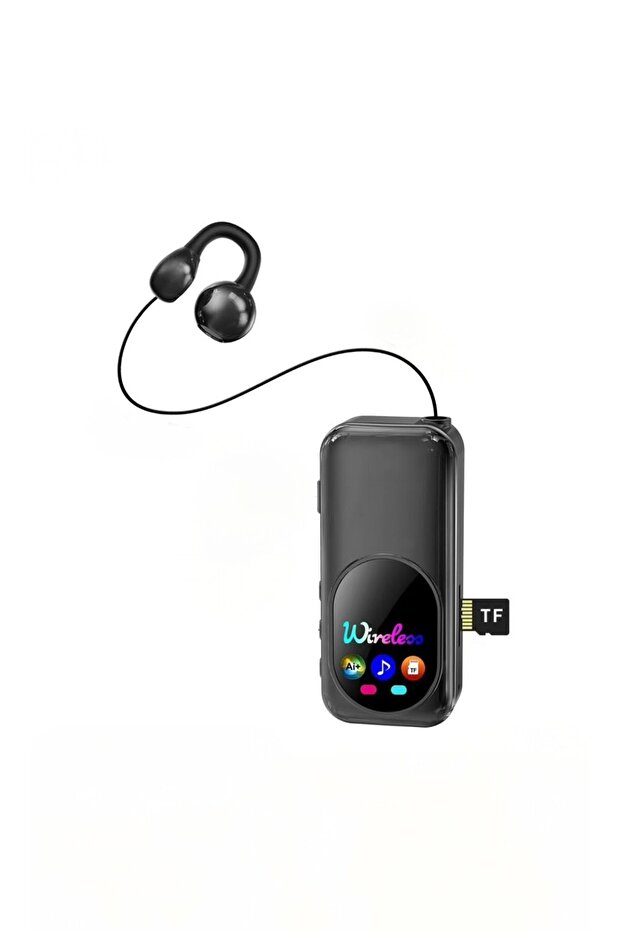 سماعة أذن لاسلكية قابلة للتركيب مع كابل قابل للسحب، وشاشة LED، ومشغل MP3 ببطاقة TF - Q58