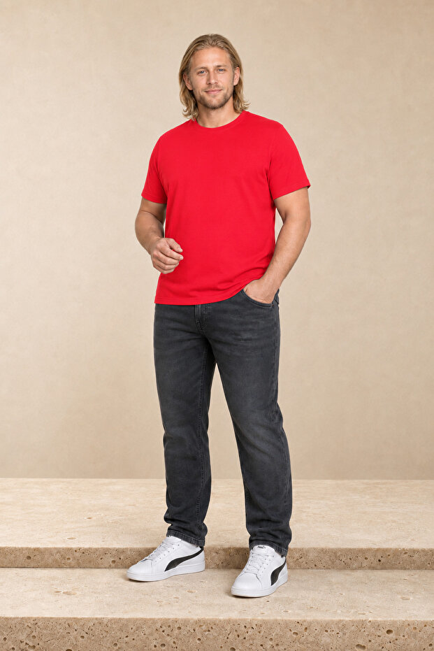 Men's Large Size Lycra Basic Crew Neck T-Shirt 11160 Red