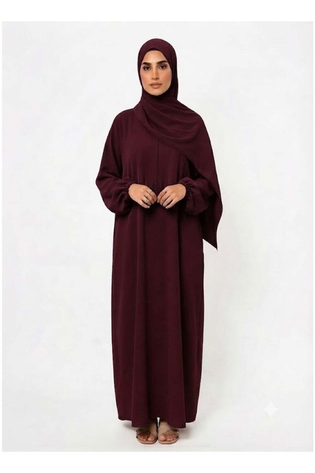 Prayer Dress for Women One-Piece Burgundy | Islamic Modest Prayer Outfit with Long Sleeves & Attached Hijab | Soft Cotton Jilbab Abaya for Salah, Namaz, Umrah, Hajj & Ramadan