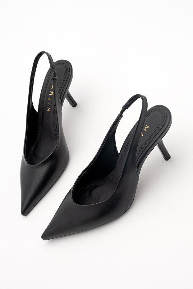 Women's Stiletto Pointed Toe Open Back Strap Short Classic Heeled Shoes Dorve Black