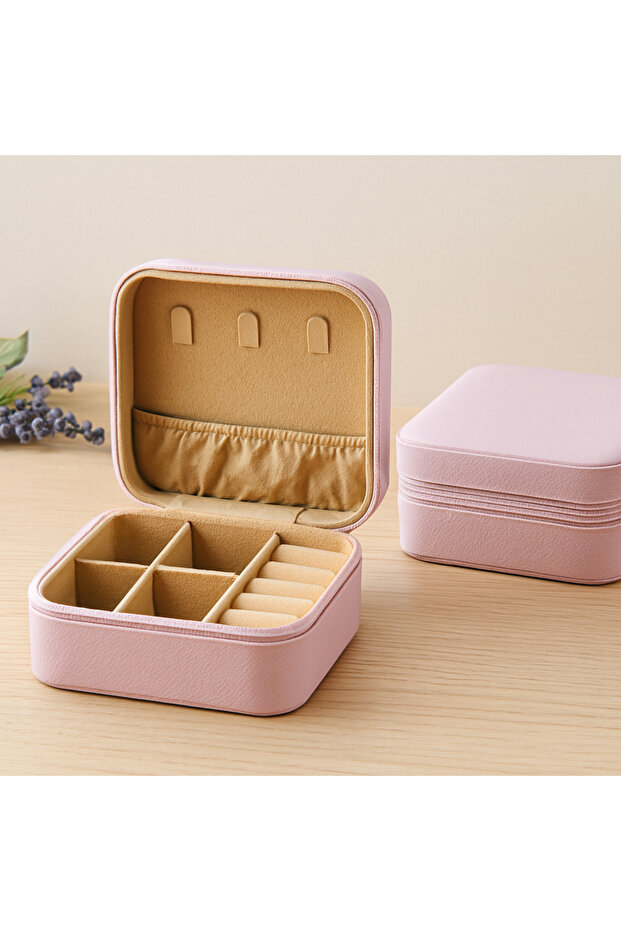 Mini Zippered Jewelry Box 10X10X5 cm - Faux Leather, 4 Compartments