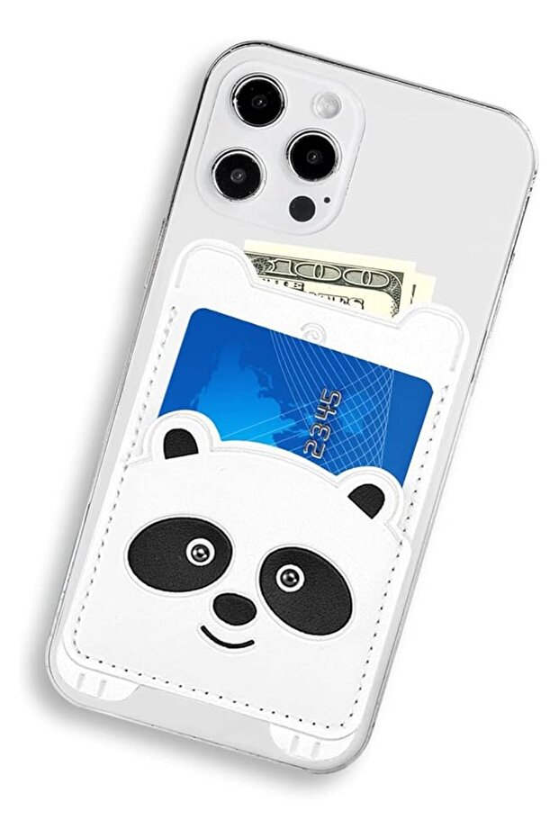 Panda Cell Phone Wallet, White Leather Card Holder with Adhesive Back, Cute Minimalist Stick-On Pocket