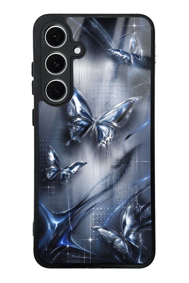 Samsung S24 Fe Midnight Chrome Butterfly Design Glossy Phone Case