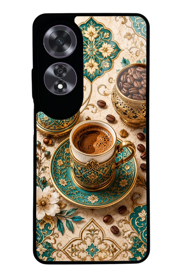 Oppo A60 Glossy Phone Case with Turquoise Ottoman Coffee Design