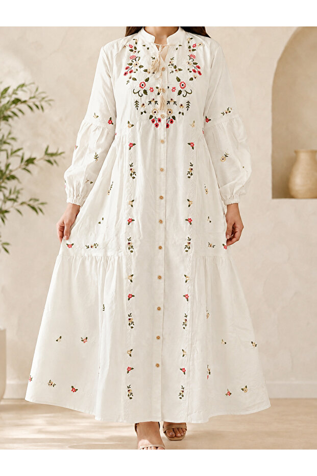 Modest Embroided Linen Dress,Full Length.