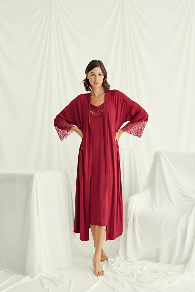 Red Lace 2-Piece Nightgown Set, Dowry Dressing Gown Set, V-Neck Viscose Home Dress with String Straps, Women's Nightgown Dressing Gown Set
