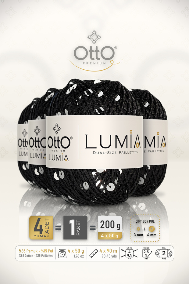 Lumia • Black-Silver Sequin (9411) • 4-Pack × 50 Gr / 90 m • 3+6 mm Double Size Sequin Knitting Yarn • Blouse, Shawl, Bandana