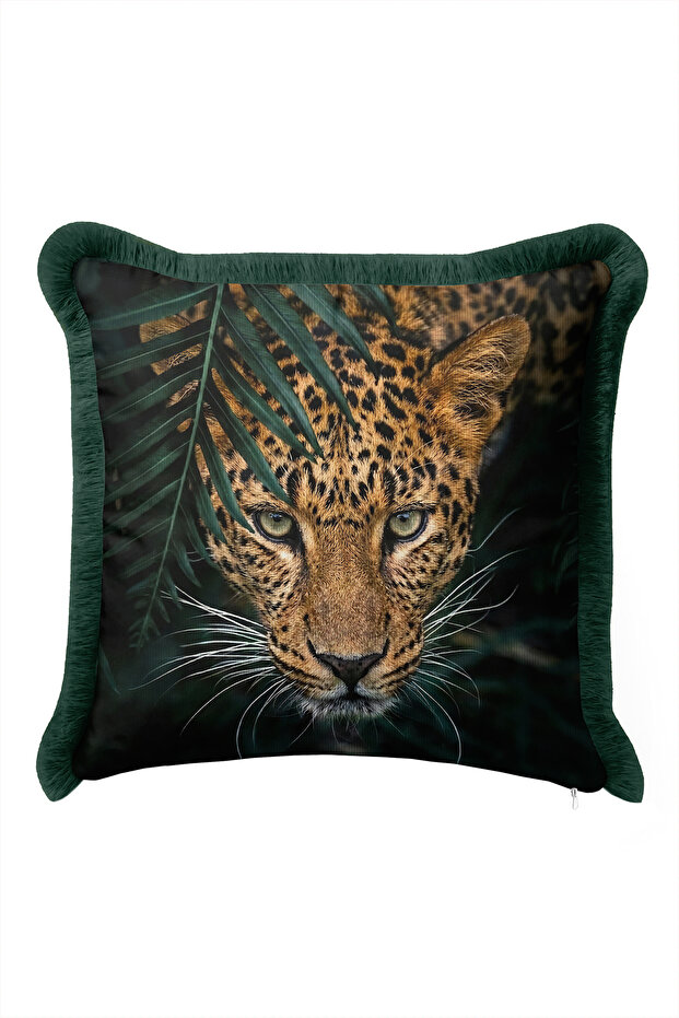 Exotic Leopard Safari Fringe Pillowcase - Wild Jungle Brown Green Tassel Throw Pillow Cover