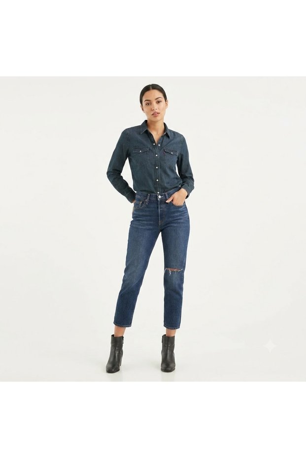 501 Cotton High Waist Straight Fit Short Leg Jeans - with Ripped Details -0290